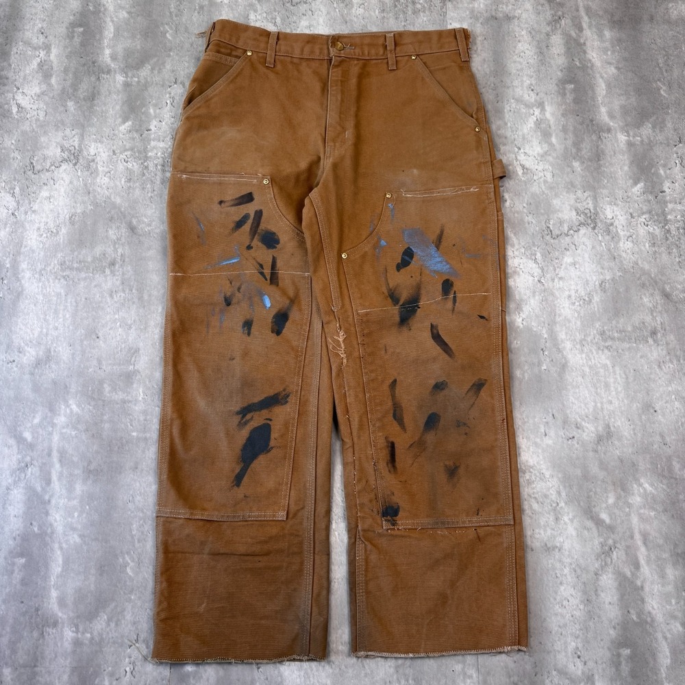 Vintage Carhartt Double Knee Pants Mens 32x30 Brown Duck Paint Splatter B01-M